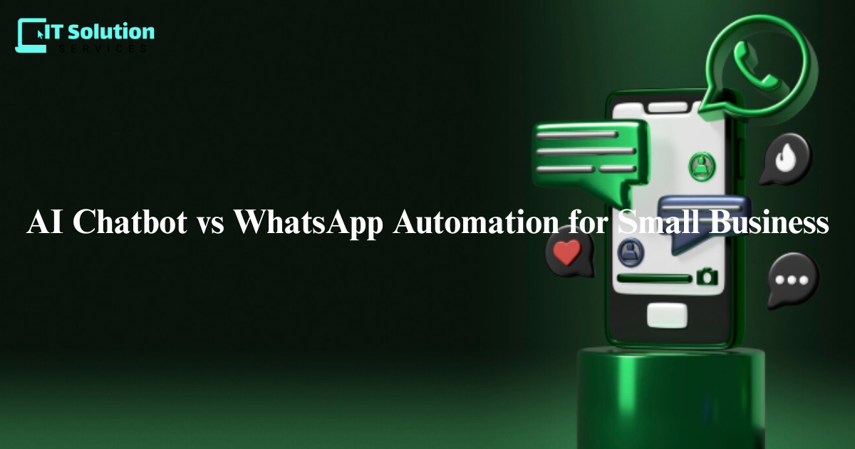 Small business owner comparing AI chatbot and WhatsApp automation on a laptop and phone